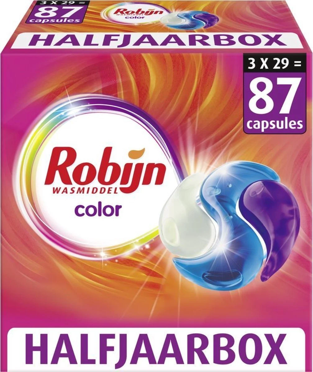 Robijn Color 3 In 1 Wascapsules - 3 X 29 Wasbeurten - Halfjaarbox 3 Robijn Color 3 In 1 Wascapsules - 3 X 29 Wasbeurten - Halfjaarbox